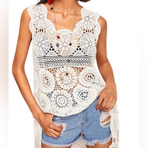 Belle France White Lace Crochet High Low Boho Top Size Medium - Picture 6 of 13